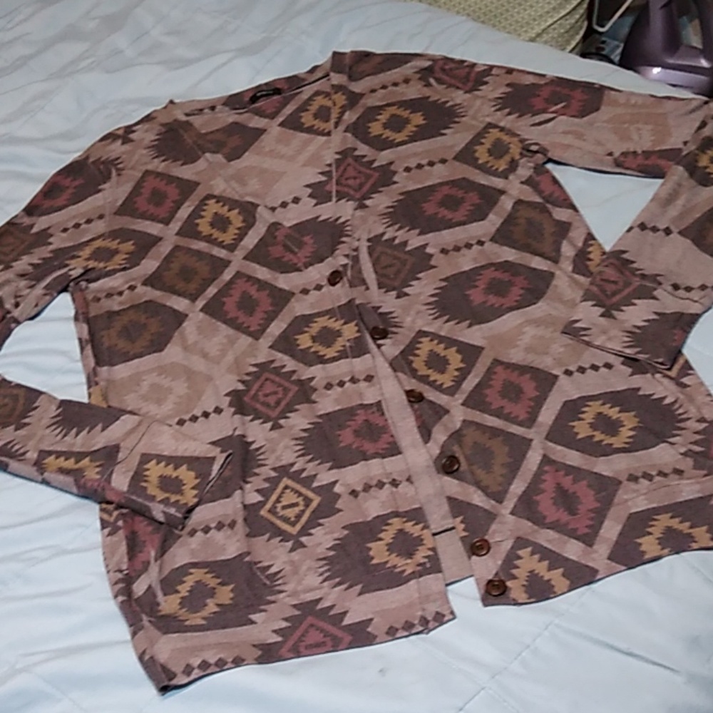 Enti Cardigan Button Up Aztec Tribal Brown Medium